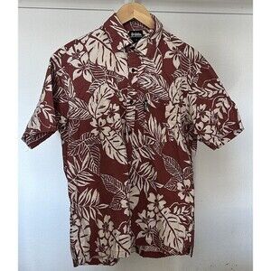Kai-Veikau Hawaiian Men's Short Sleeve Shirt L Cotton Maroon floral Leaf Pattern